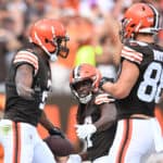 Amari Cooper #2 of the Cleveland Browns (L) is congratulated by Harrison Bryant #88 (R) after scoring a touchdown against the New York Jets during the first half at AT&T Stadium on September 18, 2022 in Arlington, Texas.