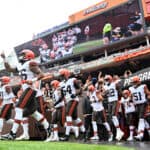 Cleveland Browns players take the field prior to a preseason game against the Philadelphia Eagles at FirstEnergy Stadium on August 21, 2022 in Cleveland, Ohio.