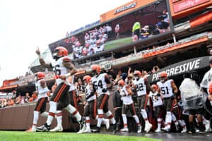 Cleveland Browns players take the field prior to a preseason game against the Philadelphia Eagles at FirstEnergy Stadium on August 21, 2022 in Cleveland, Ohio.