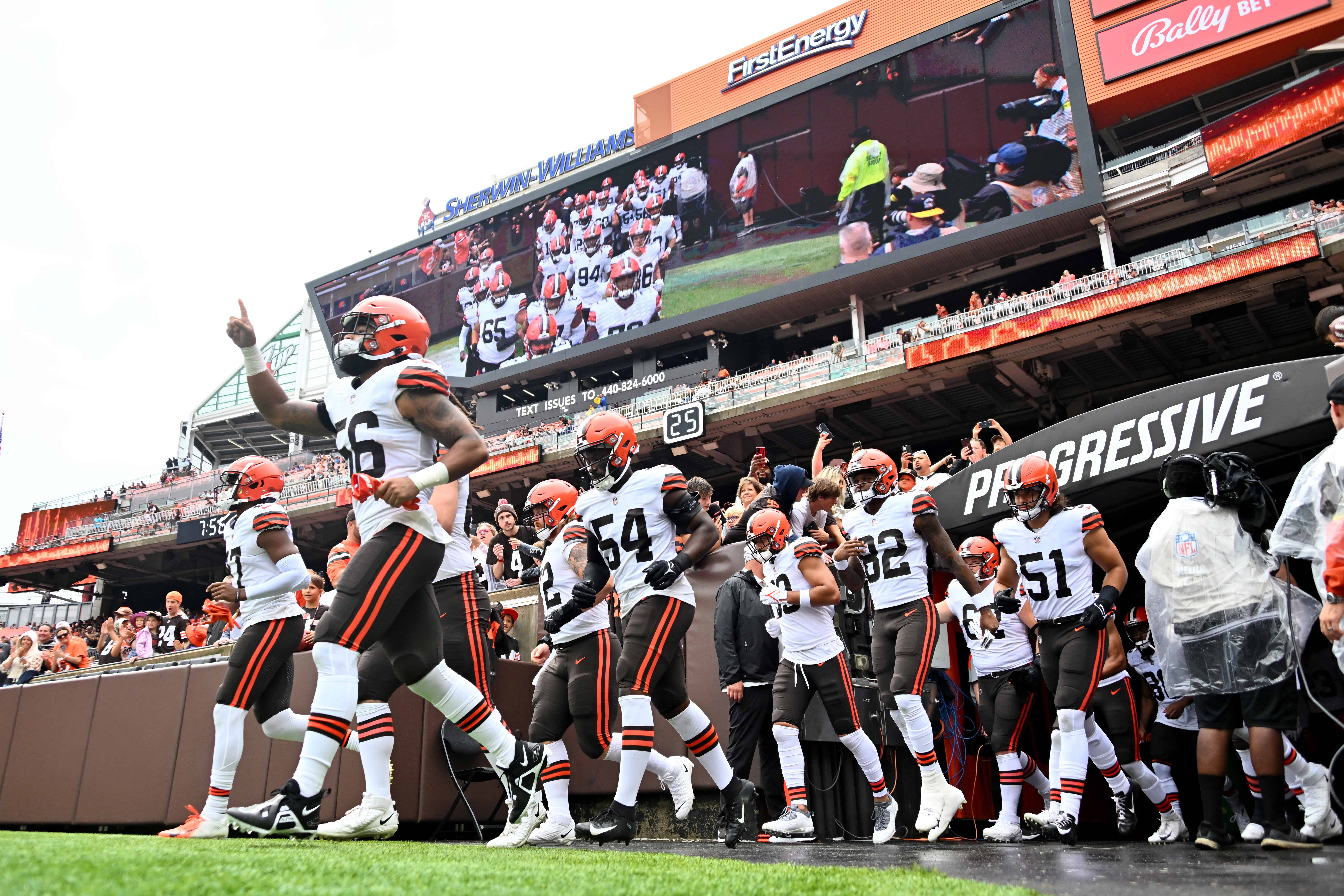 Cleveland Browns players take the field prior to a preseason game against the Philadelphia Eagles at FirstEnergy Stadium on August 21, 2022 in Cleveland, Ohio.