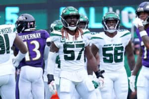 C.J. Mosley #57 of the New York Jets reacts after forcing a fourth down during the first half against the Baltimore Ravens at MetLife Stadium on September 11, 2022 in East Rutherford, New Jersey.