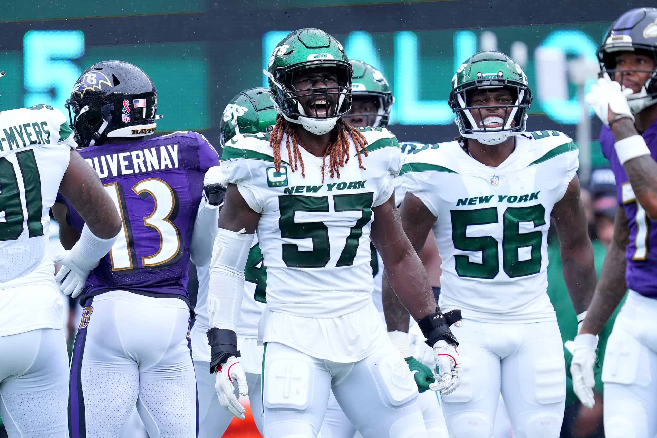 C.J. Mosley #57 of the New York Jets reacts after forcing a fourth down during the first half against the Baltimore Ravens at MetLife Stadium on September 11, 2022 in East Rutherford, New Jersey. 