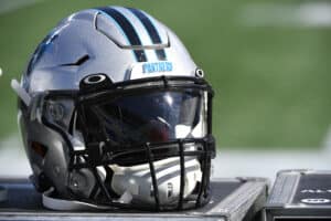 A Carolina Panthers helmet is pictured during a football game against the Philadelphia Eagles at Bank of America Stadium on October 10, 2021 in Charlotte, North Carolina.