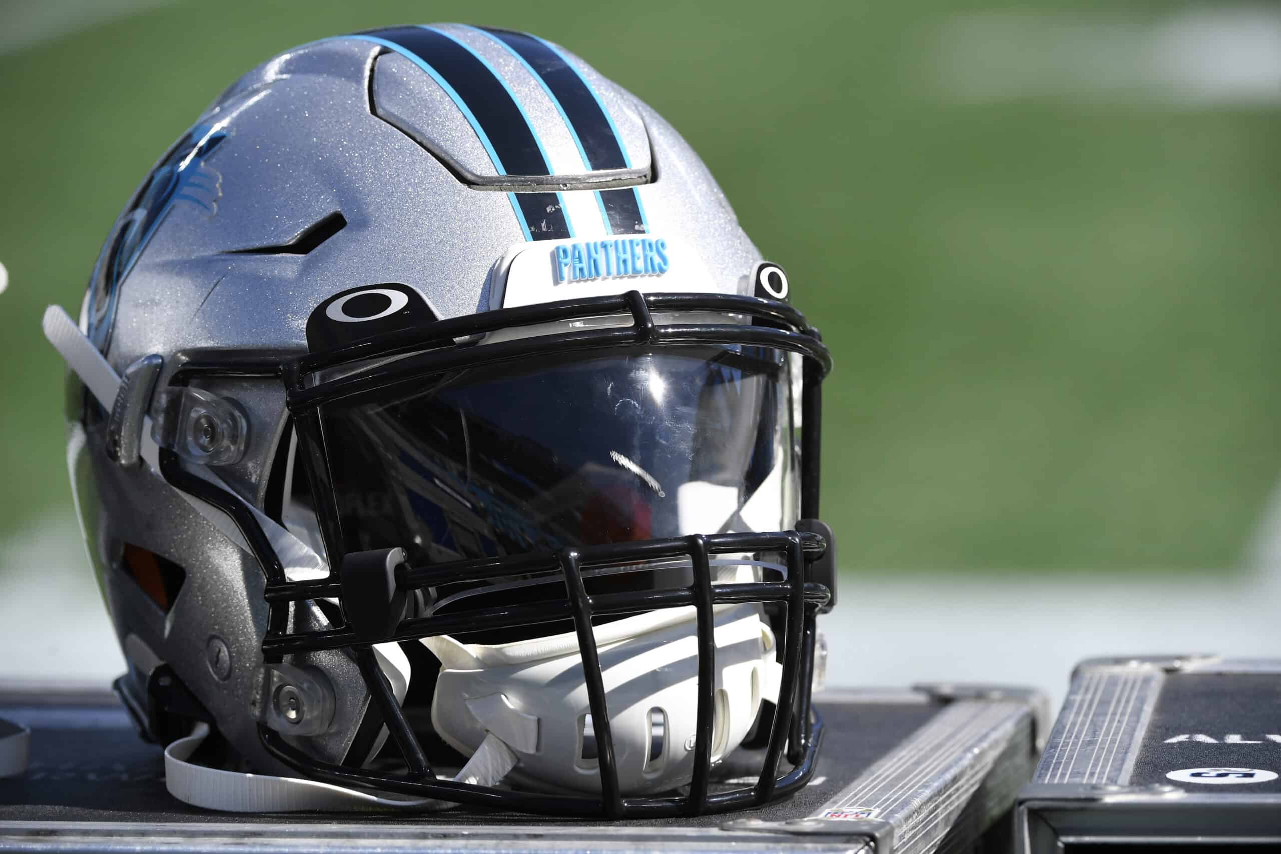 A Carolina Panthers helmet is pictured during a football game against the Philadelphia Eagles at Bank of America Stadium on October 10, 2021 in Charlotte, North Carolina.