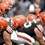 Quarterback Jacoby Brissett #7 of the Cleveland Browns makes a call from the line of scrimmage during the second half of their NFL game against the Carolina Panthers at Bank of America Stadium on September 11, 2022 in Charlotte, North Carolina.