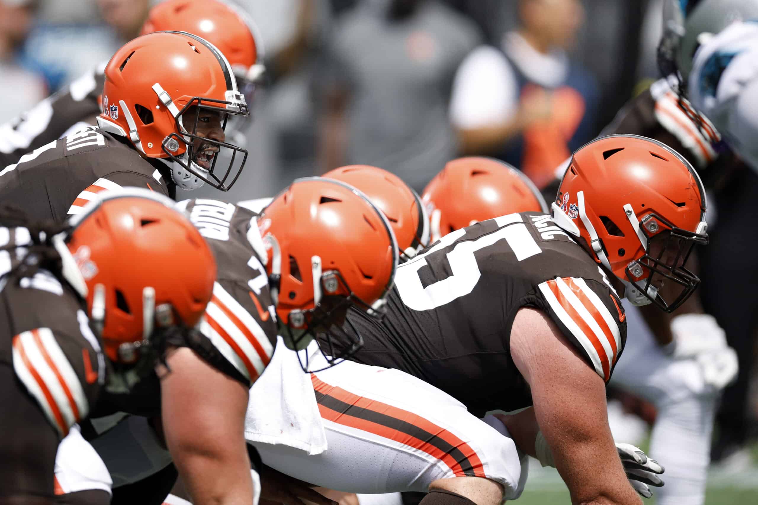 Quarterback Jacoby Brissett #7 of the Cleveland Browns makes a call from the line of scrimmage during the second half of their NFL game against the Carolina Panthers at Bank of America Stadium on September 11, 2022 in Charlotte, North Carolina.