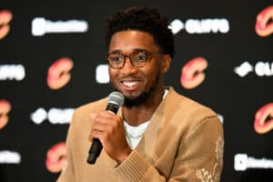 Donovan Mitchell speaks during a press conference where he was introduced at Rocket Mortgage Fieldhouse on September 14, 2022 in Cleveland, Ohio. NOTE TO USER: User expressly acknowledges and agrees that, by downloading and or using this Photograph, User is consenting to the terms and conditions of the Getty Images License Agreement.