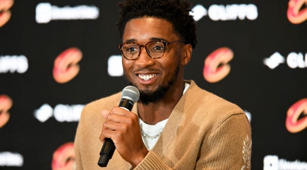 Donovan Mitchell speaks during a press conference where he was introduced at Rocket Mortgage Fieldhouse on September 14, 2022 in Cleveland, Ohio. NOTE TO USER: User expressly acknowledges and agrees that, by downloading and or using this Photograph, User is consenting to the terms and conditions of the Getty Images License Agreement.