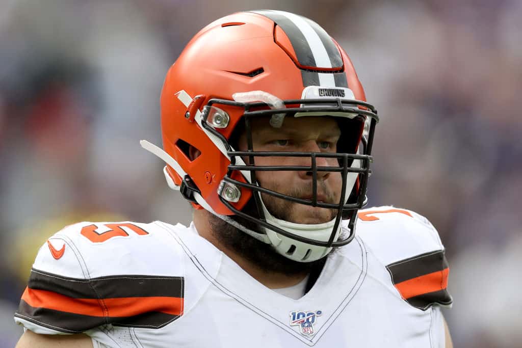 Joel Bitonio #75 of the Cleveland Browns warms up before the start of the Browns and Baltimore Ravens game at M&T Bank Stadium on September 29, 2019 in Baltimore, Maryland.