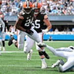 Nick Chubb #24 of the Cleveland Browns runs with the ball during the second quarter against the Carolina Panthers at Bank of America Stadium on September 11, 2022 in Charlotte, North Carolina.