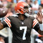 Cleveland Browns QB Jacoby Brissett drops back to pass against the Carolina Panthers during the first half of their game at Bank of America Stadium on September 11, 2022 in Charlotte, North Carolina. Cleveland won 26-24.
