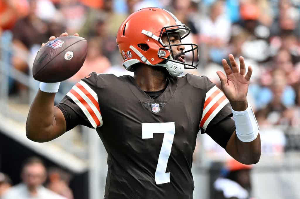 Cleveland Browns QB Jacoby Brissett drops back to pass against the Carolina Panthers during the first half of their game at Bank of America Stadium on September 11, 2022 in Charlotte, North Carolina. Cleveland won 26-24.