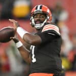 Jacoby Brissett #7 of the Cleveland Browns warms up prior to facing the Pittsburgh Steelers at FirstEnergy Stadium on September 22, 2022 in Cleveland, Ohio.