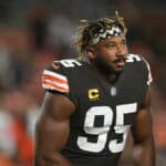 Myles Garrett #95 of the Cleveland Browns warms up prior to facing the Cleveland Browns at FirstEnergy Stadium on September 22, 2022 in Cleveland, Ohio.
