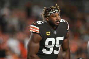 Myles Garrett #95 of the Cleveland Browns warms up prior to facing the Cleveland Browns at FirstEnergy Stadium on September 22, 2022 in Cleveland, Ohio.