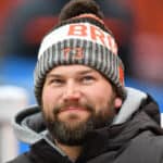 Joe Thomas #73 of the Cleveland Browns looks on from the sidelines durning the game against the Green Bay Packers at FirstEnergy Stadium on December 10, 2017 in Cleveland, Ohio.