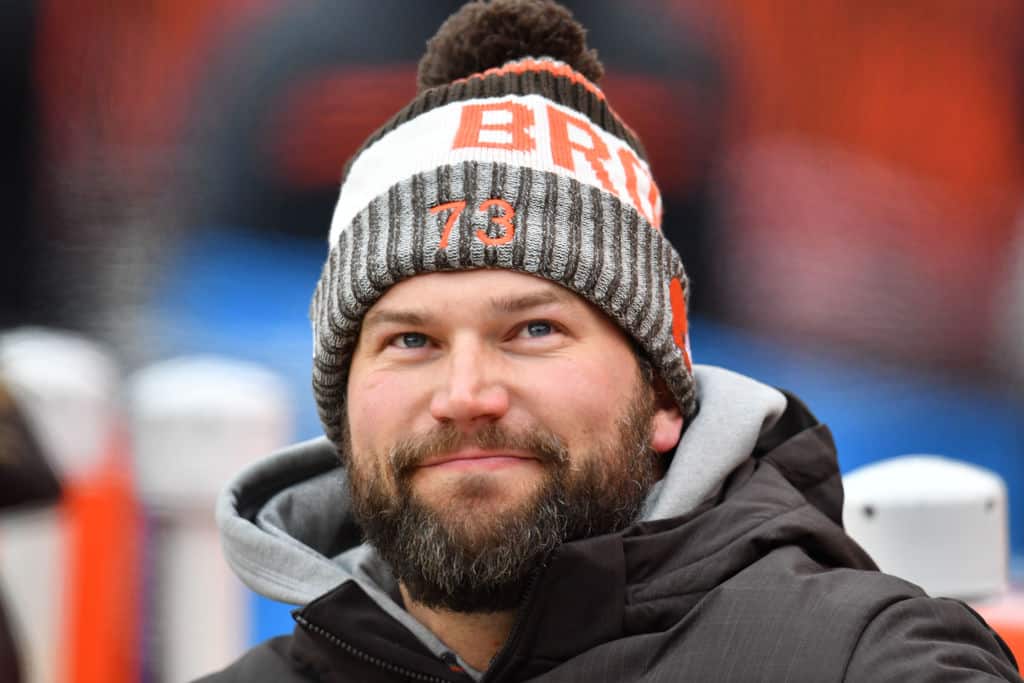 Joe Thomas #73 of the Cleveland Browns looks on from the sidelines durning the game against the Green Bay Packers at FirstEnergy Stadium on December 10, 2017 in Cleveland, Ohio.