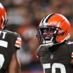 Jacob Phillips #50 of the Cleveland Browns reacts to a sack during the fourth quarter against the Pittsburgh Steelers at FirstEnergy Stadium on September 22, 2022 in Cleveland, Ohio.