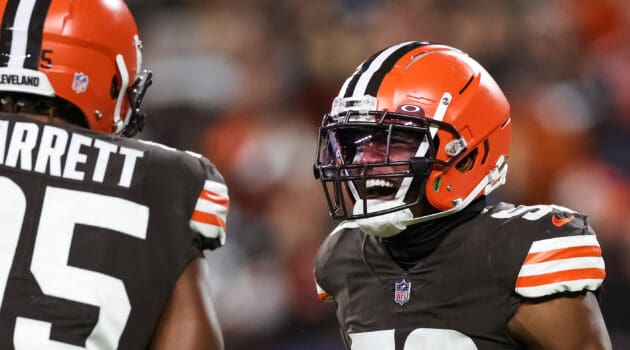 Jacob Phillips #50 of the Cleveland Browns reacts to a sack during the fourth quarter against the Pittsburgh Steelers at FirstEnergy Stadium on September 22, 2022 in Cleveland, Ohio.