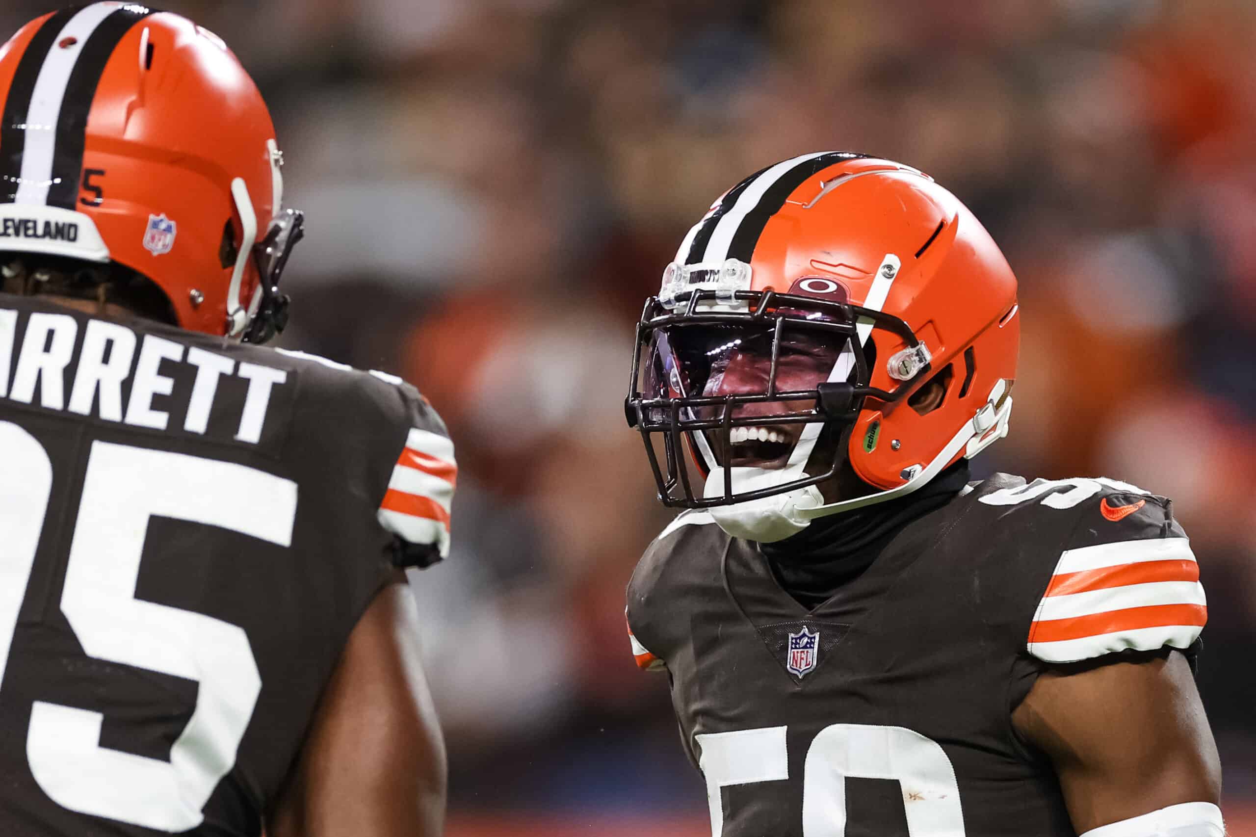 Jacob Phillips #50 of the Cleveland Browns reacts to a sack during the fourth quarter against the Pittsburgh Steelers at FirstEnergy Stadium on September 22, 2022 in Cleveland, Ohio.