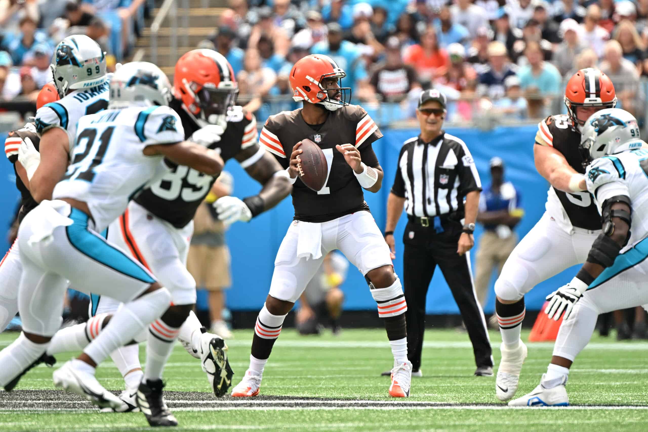 Jacoby Brissett #7 of the Cleveland Browns drops back to pass against the Carolina Panthers during the first half at Bank of America Stadium on September 11, 2022 in Charlotte, North Carolina. Cleveland won 26-24.