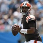 Quarterback Jacoby Brissett #7 of the Cleveland Browns looks to pass during the first half of their NFL game against the Carolina Panthers at Bank of America Stadium on September 11, 2022 in Charlotte, North Carolina.