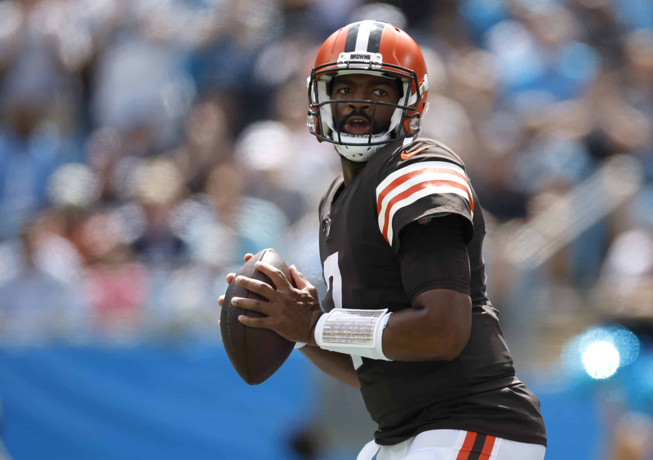 Quarterback Jacoby Brissett #7 of the Cleveland Browns looks to pass during the first half of their NFL game against the Carolina Panthers at Bank of America Stadium on September 11, 2022 in Charlotte, North Carolina. 