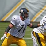 Joe Haeg #71 of the Pittsburgh Steelers in action during training camp at Heinz Field on July 28, 2021 in Pittsburgh, Pennsylvania.