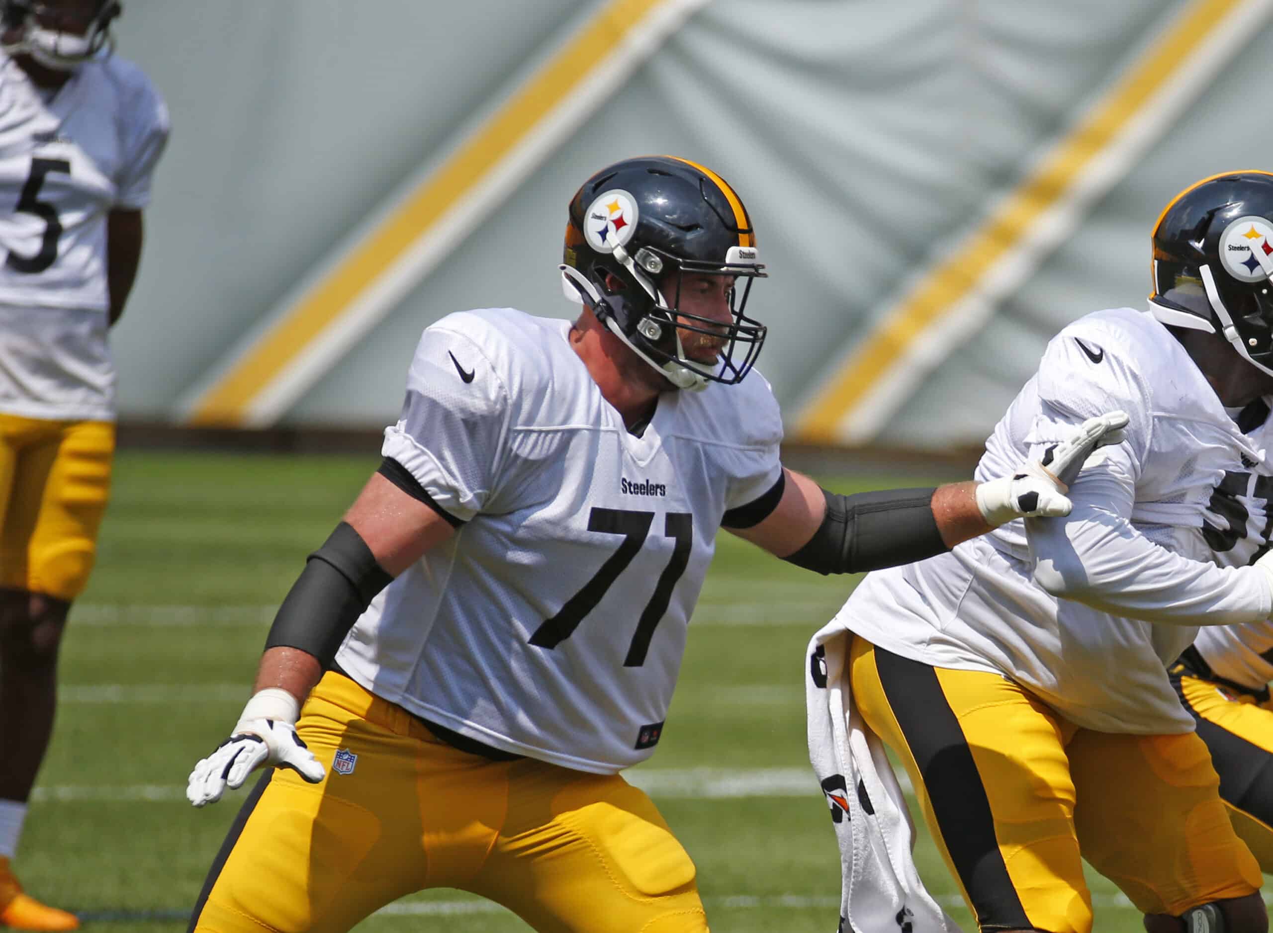 Joe Haeg #71 of the Pittsburgh Steelers in action during training camp at Heinz Field on July 28, 2021 in Pittsburgh, Pennsylvania.