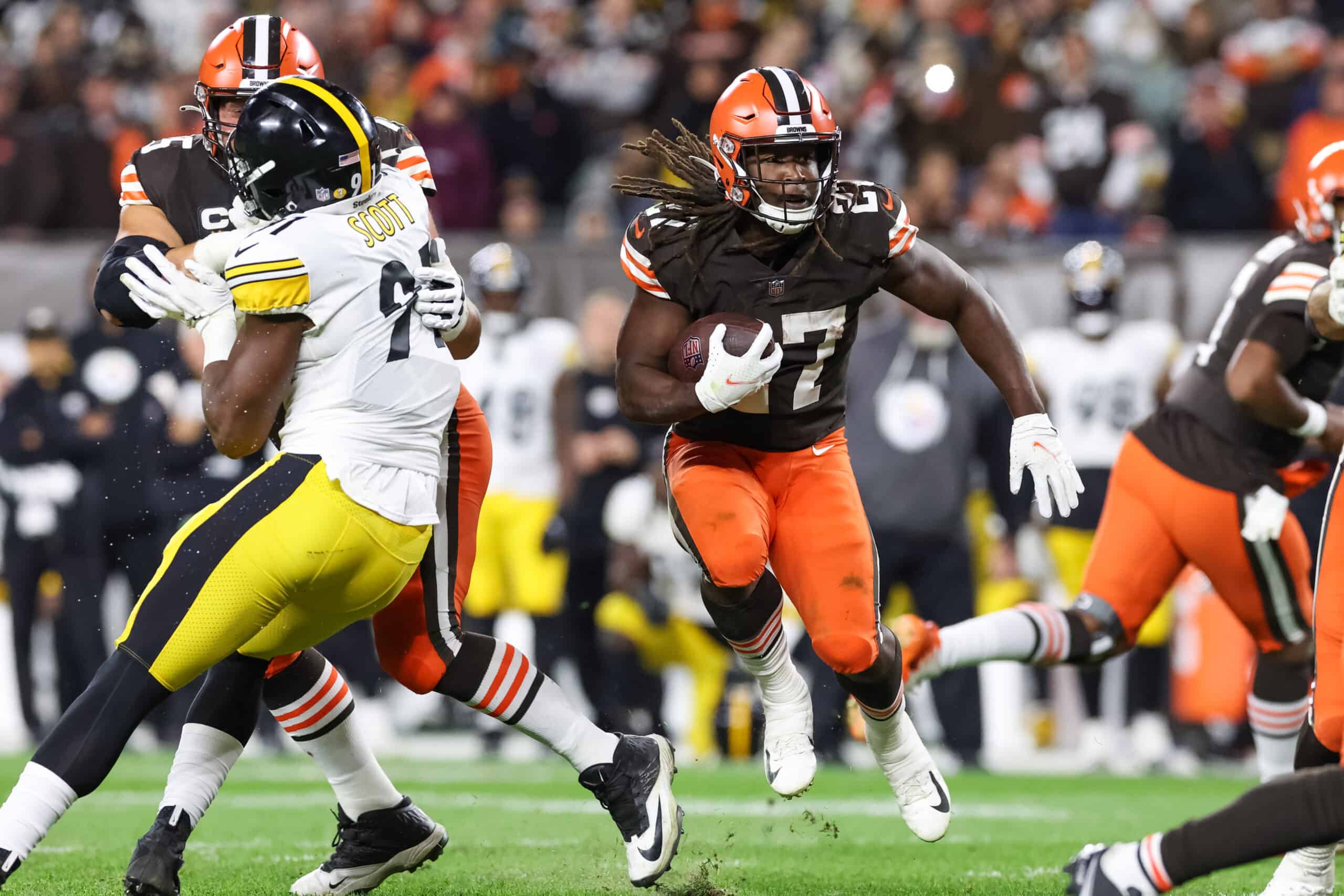 Kareem Hunt #27 of the Cleveland Browns rushes during the fourth quarter against the Pittsburgh Steelers at FirstEnergy Stadium on September 22, 2022 in Cleveland, Ohio.