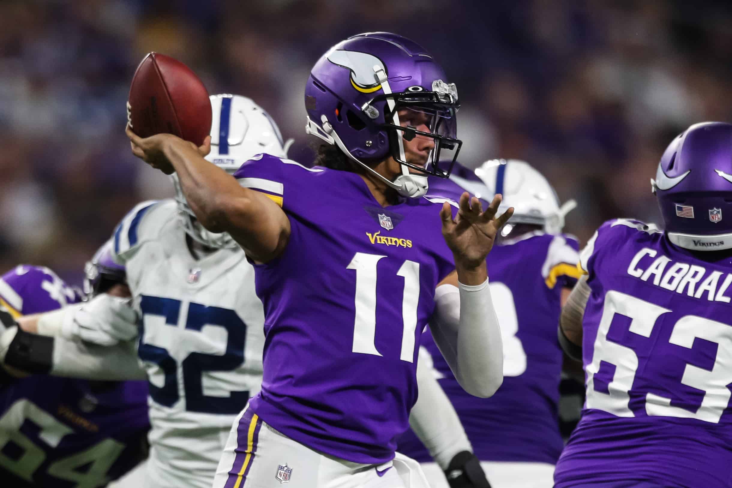 Kellen Mond #11 of the Minnesota Vikings throws a pass against the Indianapolis Colts in the fourth quarter of a preseason game at U.S. Bank Stadium on August 21, 2021 in Minneapolis, Minnesota. The Colts defeated the Vikings 12-10.