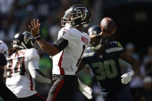 arcus Mariota #1 of the Atlanta Falcons throws a pass against the Seattle Seahawks during the second quarter at Lumen Field on September 25, 2022 in Seattle, Washington.