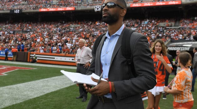 General manager Andrew Berry of the Cleveland Browns watches the game against the New York Jets from the sideline at FirstEnergy Stadium on September 18, 2022 in Cleveland, Ohio.