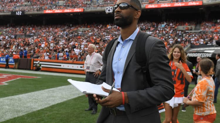 General manager Andrew Berry of the Cleveland Browns watches the game against the New York Jets from the sideline at FirstEnergy Stadium on September 18, 2022 in Cleveland, Ohio.