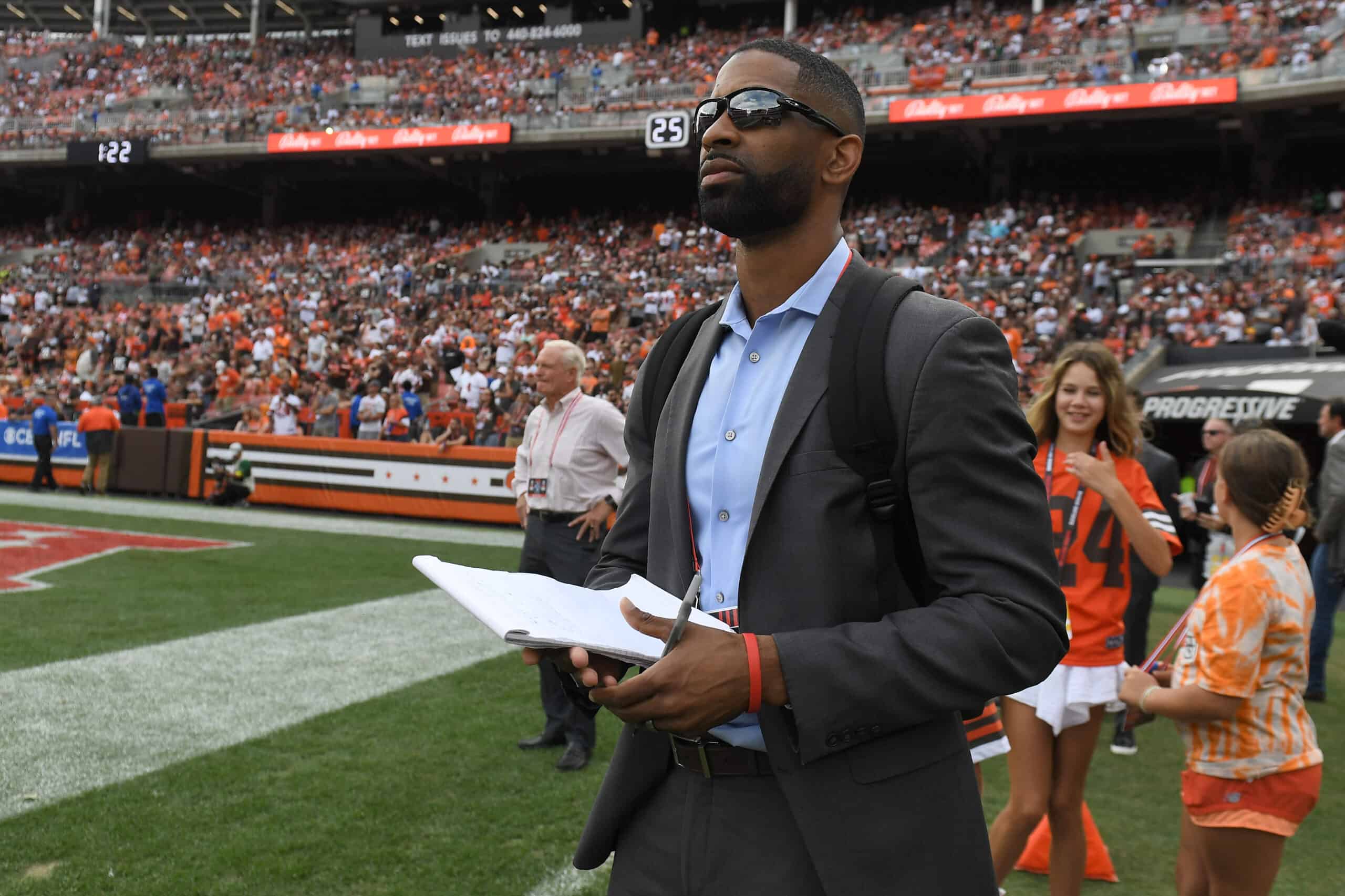 General manager Andrew Berry of the Cleveland Browns watches the game against the New York Jets from the sideline at FirstEnergy Stadium on September 18, 2022 in Cleveland, Ohio. 