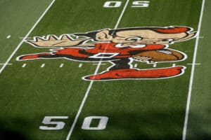 CLEVELAND, OHIO - SEPTEMBER 18: A general view of Brownie the Elf painted on the field before the game between the New York Jets and Cleveland Browns at FirstEnergy Stadium on September 18, 2022 in Cleveland, Ohio.