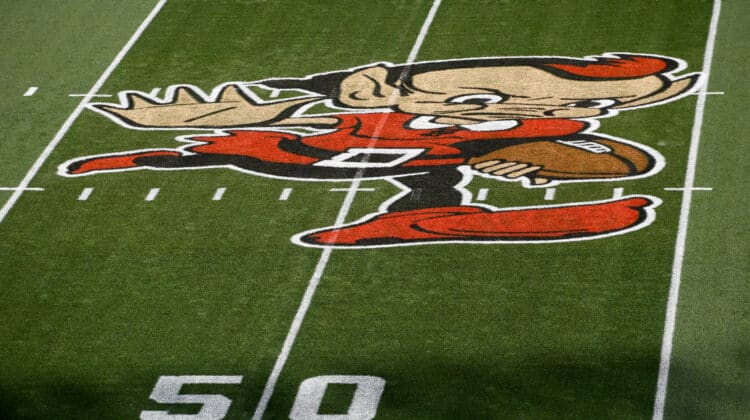 CLEVELAND, OHIO - SEPTEMBER 18: A general view of Brownie the Elf painted on the field before the game between the New York Jets and Cleveland Browns at FirstEnergy Stadium on September 18, 2022 in Cleveland, Ohio.