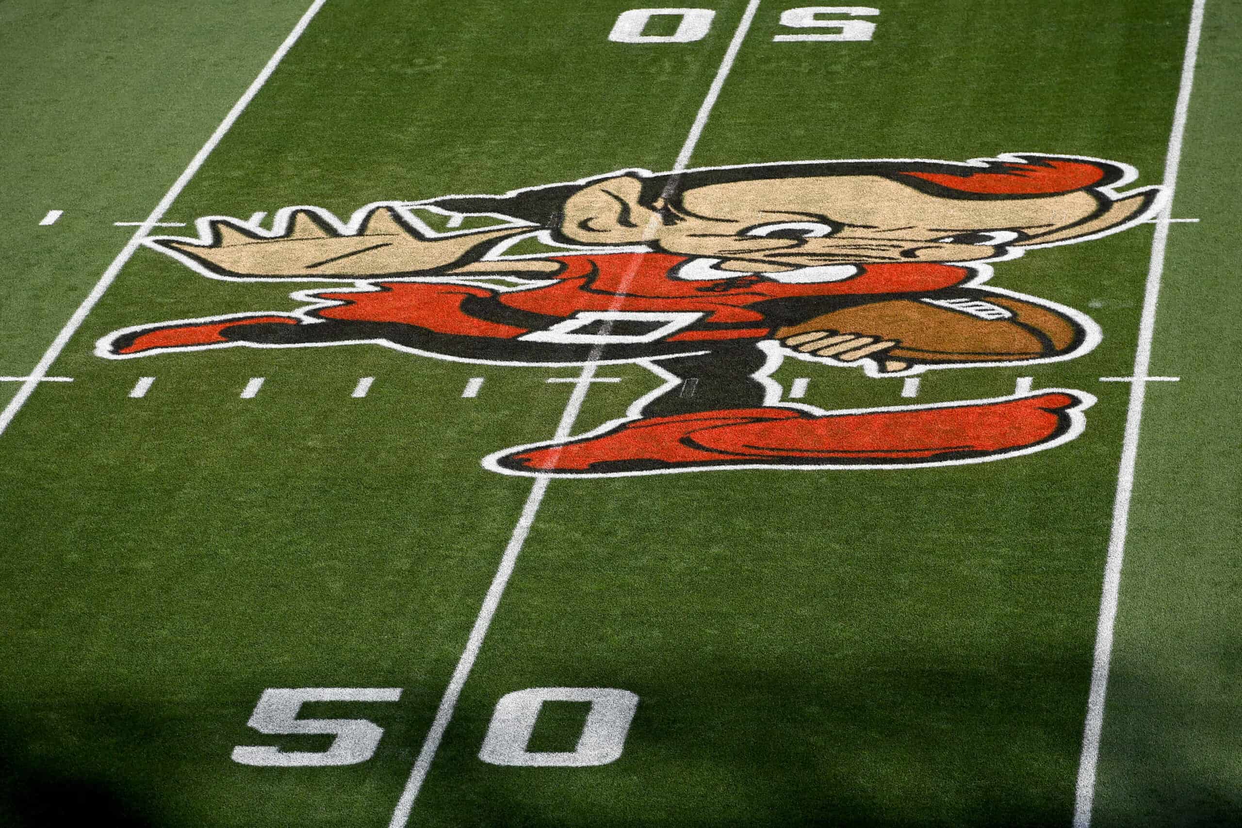 CLEVELAND, OHIO - SEPTEMBER 18: A general view of Brownie the Elf painted on the field before the game between the New York Jets and Cleveland Browns at FirstEnergy Stadium on September 18, 2022 in Cleveland, Ohio.