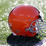 The helmet of Christian Yount #57 of the Cleveland Browns sits on the turf before the start of the Browns and Baltimore Ravens game at M&T Bank Stadium on December 24, 2011 in Baltimore, Maryland.