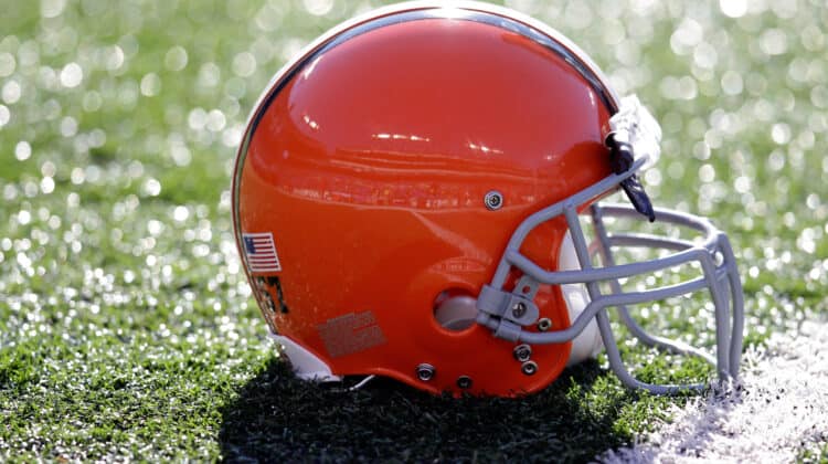 The helmet of Christian Yount #57 of the Cleveland Browns sits on the turf before the start of the Browns and Baltimore Ravens game at M&T Bank Stadium on December 24, 2011 in Baltimore, Maryland.