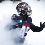 Deion Jones #45 of the Atlanta Falcons is introduced prior to an NFL game against the Chicago Bears at Mercedes-Benz Stadium on September 27, 2020 in Atlanta, Georgia.