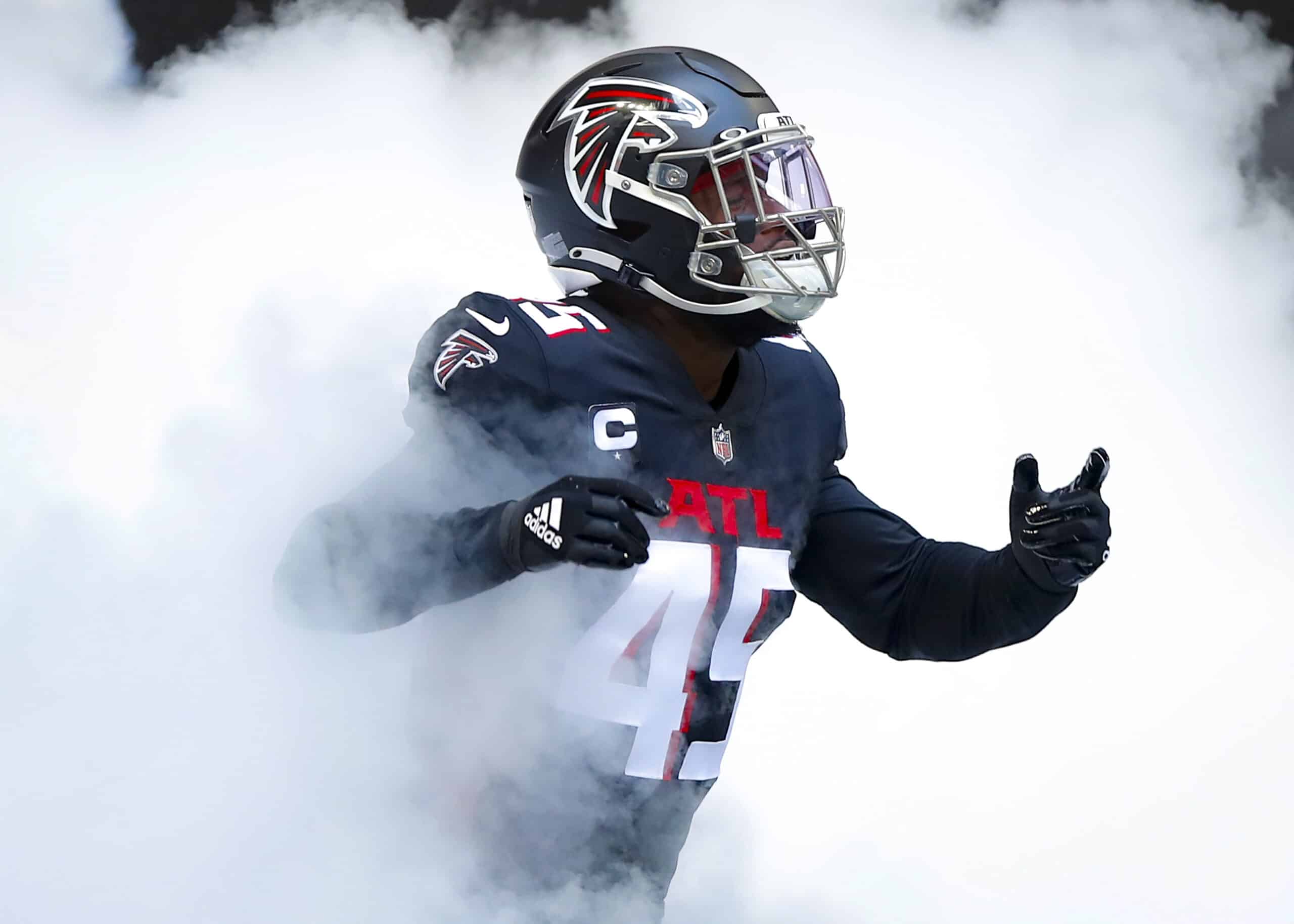 Deion Jones #45 of the Atlanta Falcons is introduced prior to an NFL game against the Chicago Bears at Mercedes-Benz Stadium on September 27, 2020 in Atlanta, Georgia.