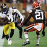Diontae Johnson #18 of the Pittsburgh Steelers makes a reception ahead of Denzel Ward #21 of the Cleveland Browns during the third quarter at FirstEnergy Stadium on September 22, 2022 in Cleveland, Ohio