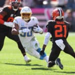 Austin Ekeler #30 of the Los Angeles Chargers plays against the Cleveland Browns at FirstEnergy Stadium on October 09, 2022 in Cleveland, Ohio.