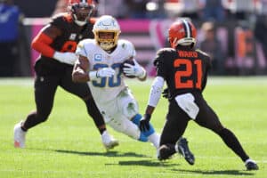 Austin Ekeler #30 of the Los Angeles Chargers plays against the Cleveland Browns at FirstEnergy Stadium on October 09, 2022 in Cleveland, Ohio.