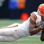 Donovan Peoples-Jones #11 of the Cleveland Browns makes a reception during the third quarter against the Atlanta Falcons at Mercedes-Benz Stadium on October 02, 2022 in Atlanta, Georgia.