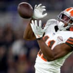 Donovan Peoples-Jones #11 of the Cleveland Browns misses a pass in the first quarter during a game against the Baltimore Ravens at M&T Bank Stadium on November 28, 2021 in Baltimore, Maryland.