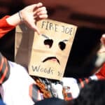 A Cleveland Browns fans reacts during the second half against the New England Patriots at FirstEnergy Stadium on October 16, 2022 in Cleveland, Ohio.