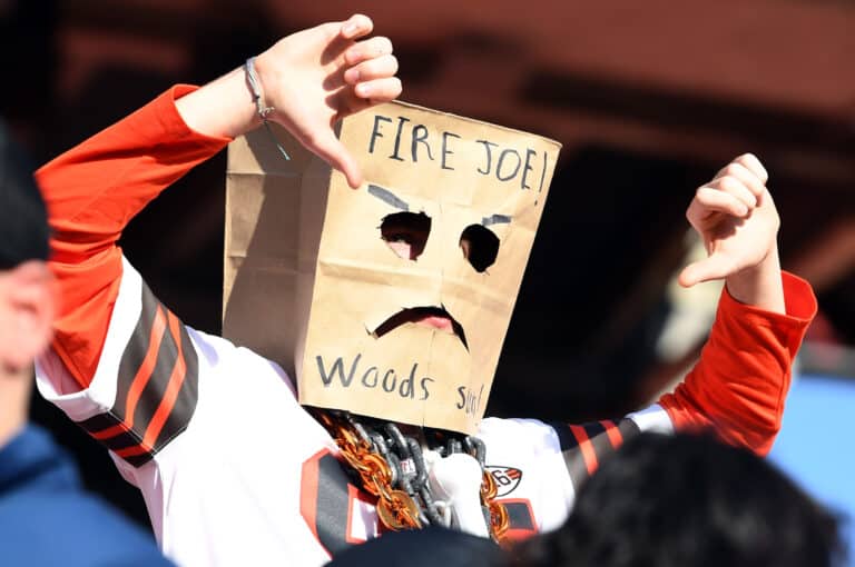 A Cleveland Browns fans reacts during the second half against the New England Patriots at FirstEnergy Stadium on October 16, 2022 in Cleveland, Ohio.