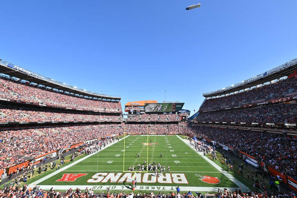 A blimp flies over prior to a game between Cleveland Browns and New England Patriots at FirstEnergy Stadium on October 16, 2022 in Cleveland, Ohio.